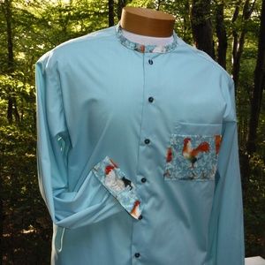 Roosters in Blue Calm w Banded Collar, Cool Cuffs